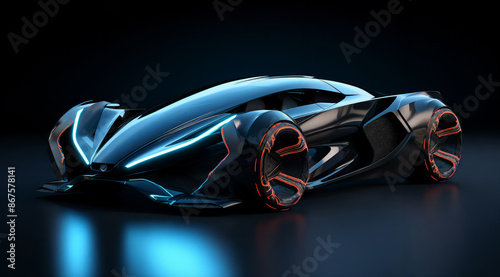 a futuristic car is shown in a dark room with a blue light coming from it's side and a red light coming from the top © Vitaliy