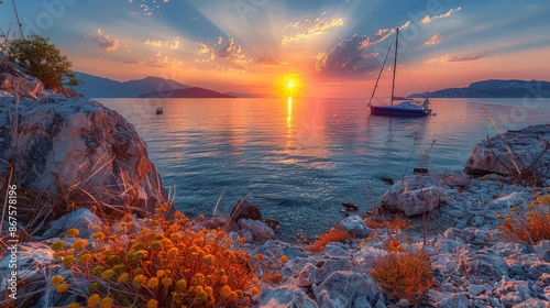 breathtaking sunset view of Halki island in Greece photo