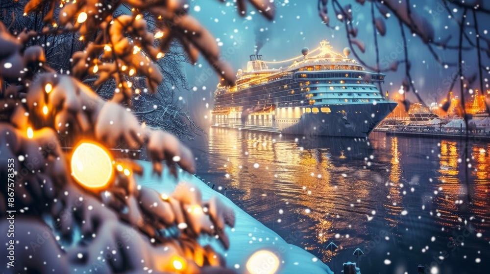 Winter cruise ship in a snowy harbor, surrounded by falling snow, capturing the magic of a holiday journey in a winter wonderland Winter cruise ship in a snowy harbor, surrounded by falling snow, capturing the magic of a holiday journey in a winter wonderland