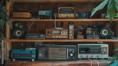 Retro Thai Radio and Vintage Electronics on Wooden Shelf with Nostalgic Vibe