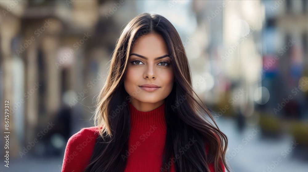 A beautiful woman in a red sweater standing in the street. A beautiful woman in a red sweater standing in the street.