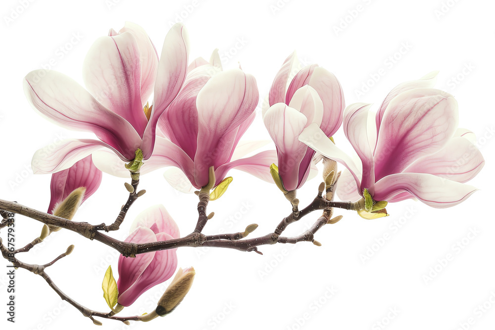 Beautiful pink and white magnolia flowers in full bloom against a white background, showcasing their delicate petals and natural elegance. Beautiful pink and white magnolia flowers in full bloom against a white background, showcasing their delicate petals and natural elegance.