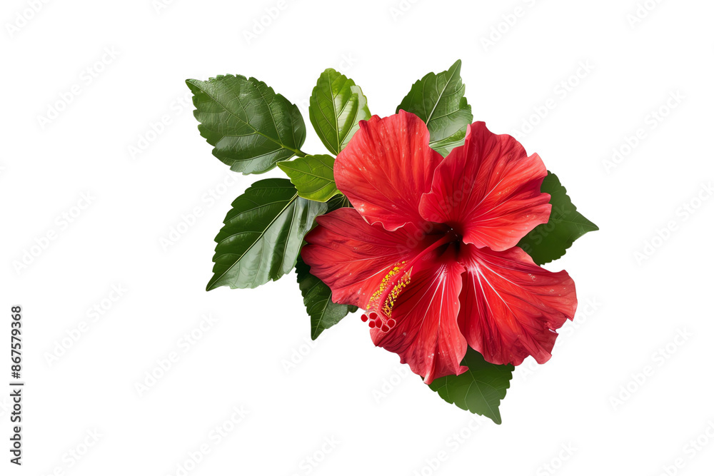 Beautiful red hibiscus flower with green leaves isolated on white background. Beautiful red hibiscus flower with green leaves isolated on white background.