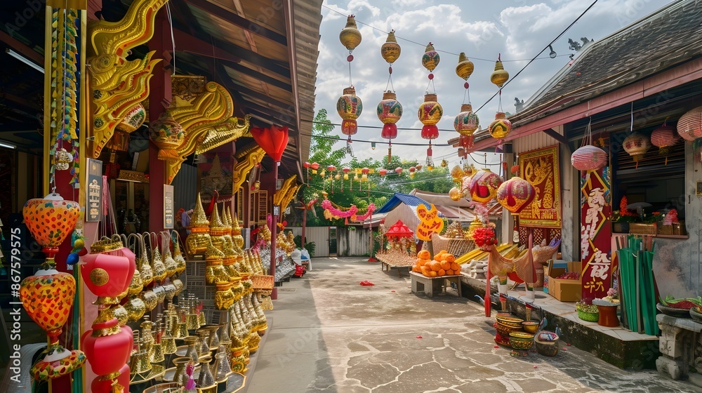 Fototapeta premium Vibrant Traditional Thai Festival with Elaborate Costumes and
