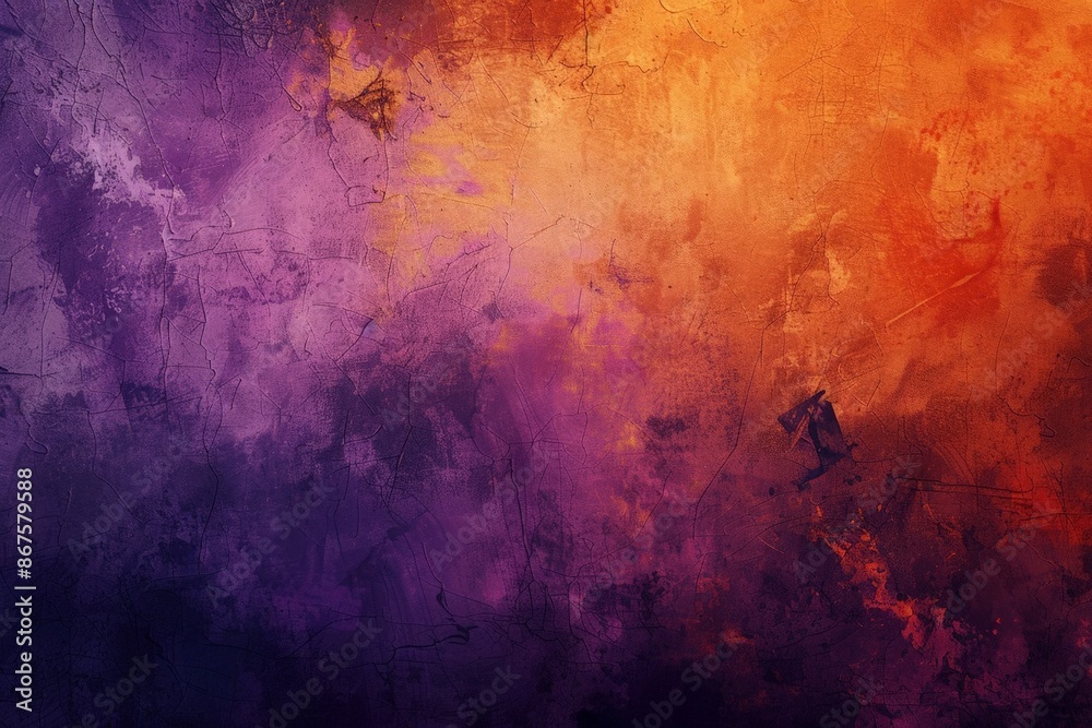 Vibrant Abstract Art with Blurred Figures, Purple and Orange Gradient Background