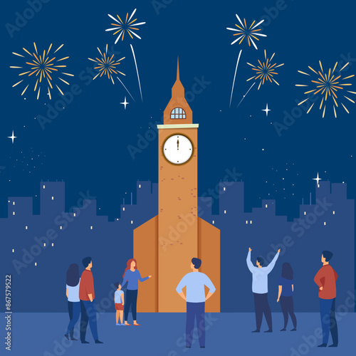 People Celebrating New Year in London. Flat style vector illustration.