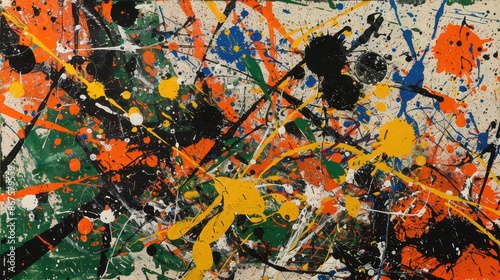 Abstract expressionist painting characterized by a splattered and dripped technique. The artwork is a vibrant mix of colors including black, white, orange, yellow, green, and hints of red photo