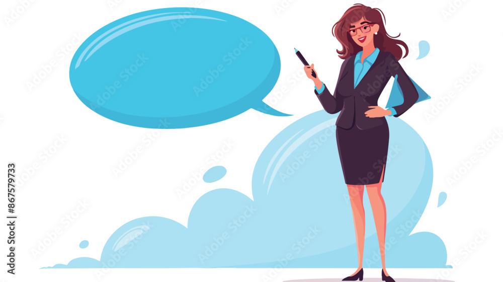 Caucasian business woman with speech bubble and pen.