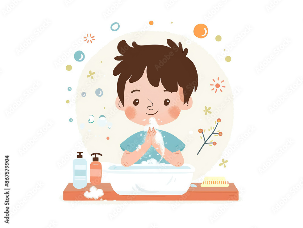 Child washes hands of art illustration, AI generated Child washes hands of art illustration, AI generated