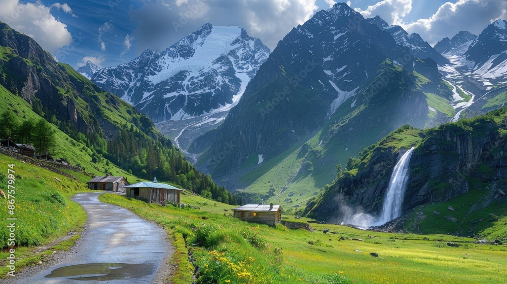 Scenic mountains covered in vibrant greenery, with a cascading waterfall and a picturesque road leading to rustic huts and camping points. Scenic mountains covered in vibrant greenery, with a cascading waterfall and a picturesque road leading to rustic huts and camping points.