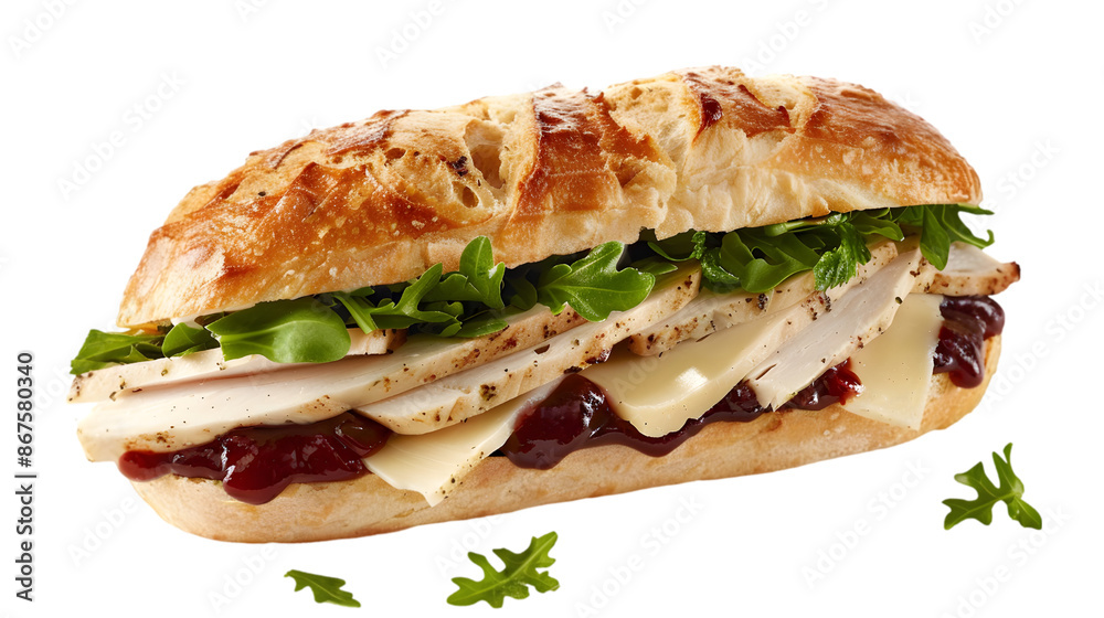 A fresh, Italian focaccia sandwich filled with savory turkey slices, cheese, and crisp greens, perfectly on a transparent background A fresh, Italian focaccia sandwich filled with savory turkey slices, cheese, and crisp greens, perfectly on a transparent background