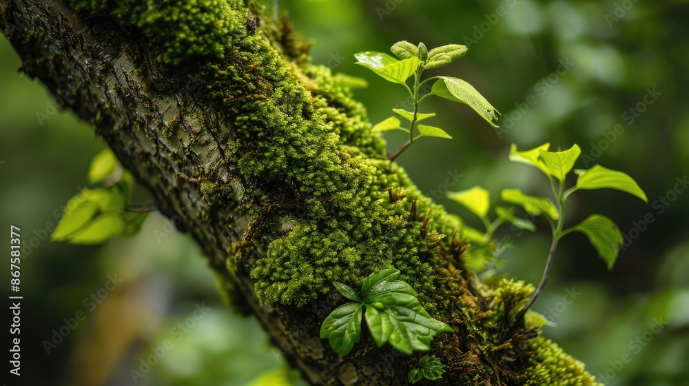 Moss covered tree stem with intricate limbo plant growth Moss covered tree stem with intricate limbo plant growth