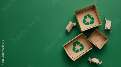 Wallpaper Mural Recycling symbol made with different cartons boxes, solid green background, blank copy space for text Torontodigital.ca