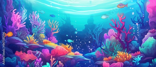 Vibrant Coral Reef Illustration. Underwater Scene with Colorful Coral and Tropical Fish