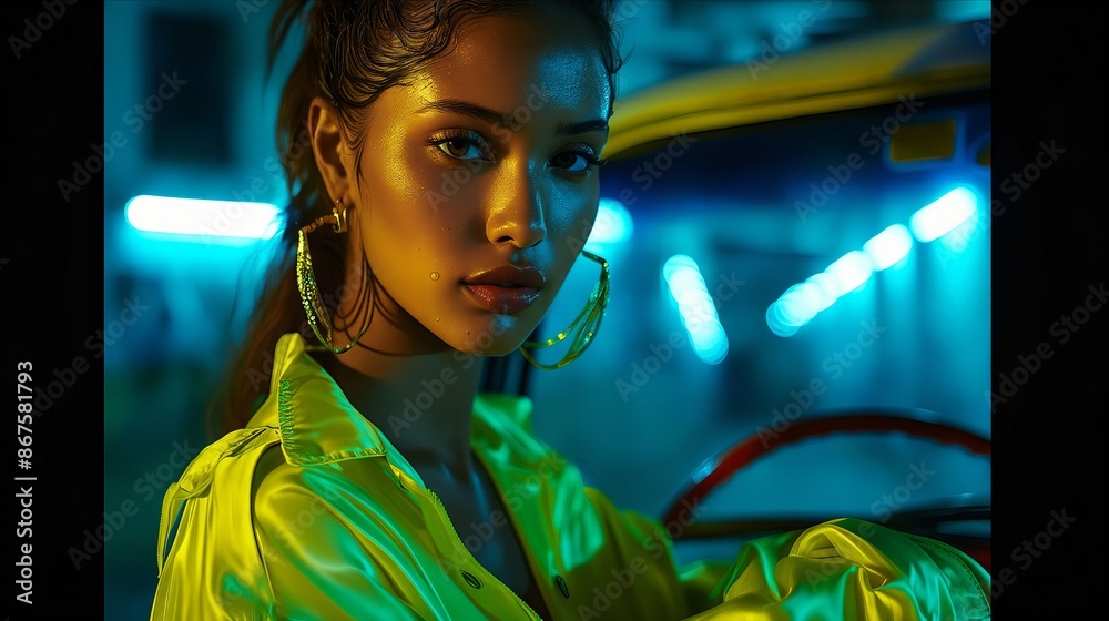 A woman in a yellow jacket is sitting in parked car. A woman in a yellow jacket is sitting in parked car.