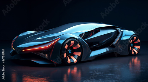 a futuristic car with glowing wheels and a body of water in the background, with a black background and a red light © Vitaliy
