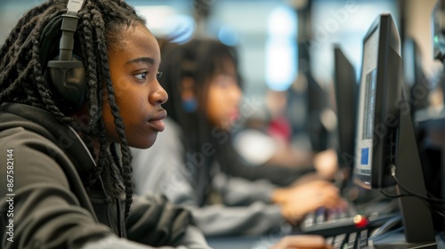 A student wearing headphones, focused on a computer screen in a classroom setting, highlighting concentration and digital learning.