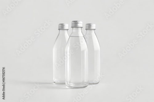 Three glass bottles of water with empty, blank label, area for brand logo. Isolated on gray background. Concept of mockup mock-up bottle shablon template montage	
