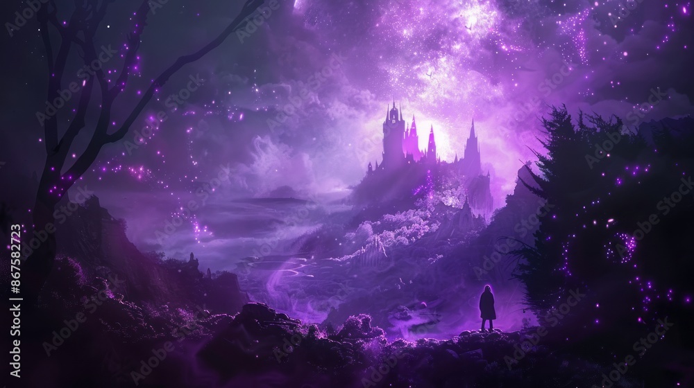 Naklejka premium ads for a fantasy or gaming product with a mysterious, mystical purple and black background that hints at magic and wonder.