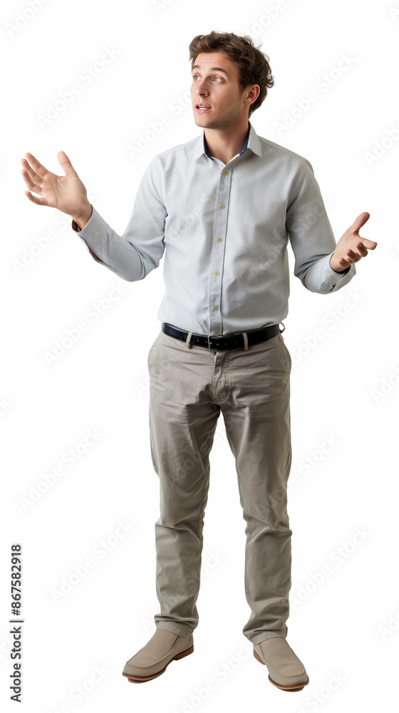 Man telling a story standing up, white background