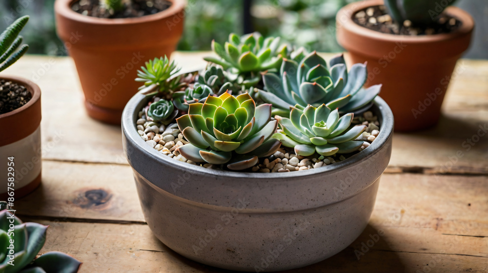 succulent plant in pots bask in natural light on a wooden table, showcasing an indoor gardening scene. succulent plant in pots bask in natural light on a wooden table, showcasing an indoor gardening scene.