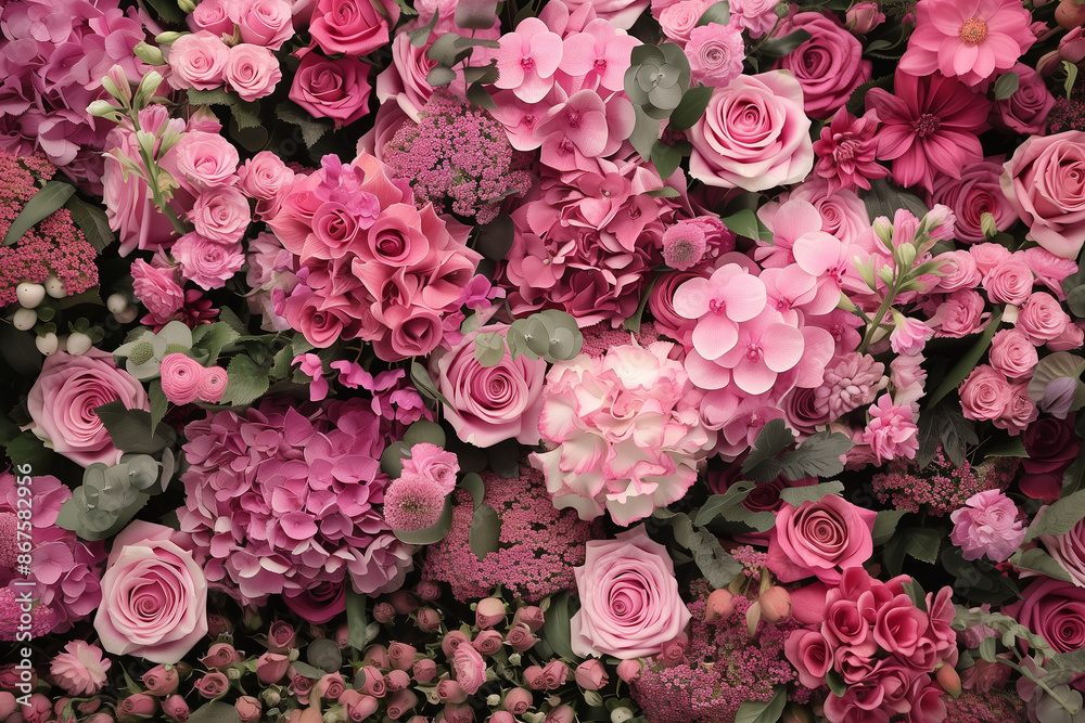 A dense top down, vibrant arrangement of various pink flowers, including roses and hydrangeas, creating a lush and visually striking floral backdrop A dense top down, vibrant arrangement of various pink flowers, including roses and hydrangeas, creating a lush and visually striking floral backdrop