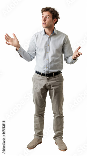 Obraz na płótnie Man telling a story standing up, white background w salonie
