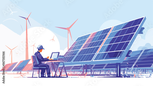 Caucasian white engineer of solar power plant working