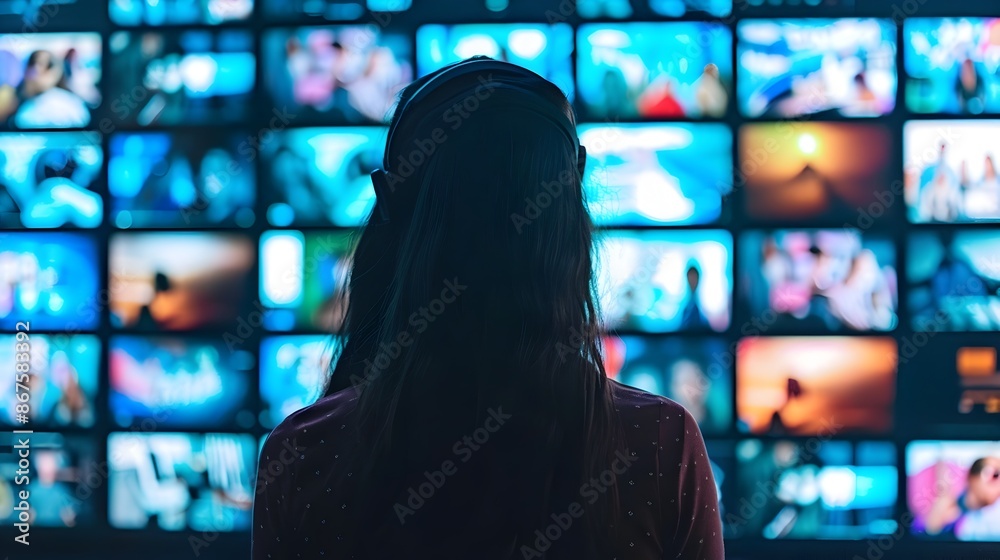 Silhouetted figure gazing at multiple digital screens in a moody,futuristic setting Silhouetted figure gazing at multiple digital screens in a moody,futuristic setting