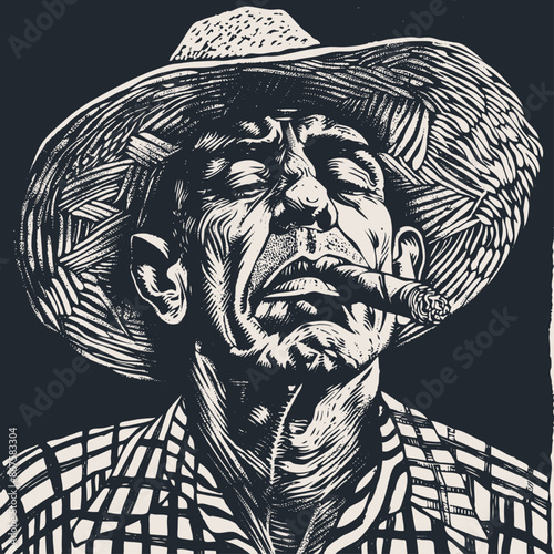 Elderly Cuban man with a straw hat and a cigar in his mouth, vector illustration