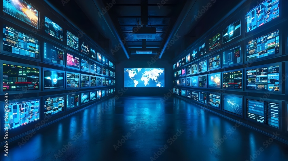 Futuristic Technology Data Visualization Dashboard with Digital Information Displays and Global Futuristic Technology Data Visualization Dashboard with Digital Information Displays and Global