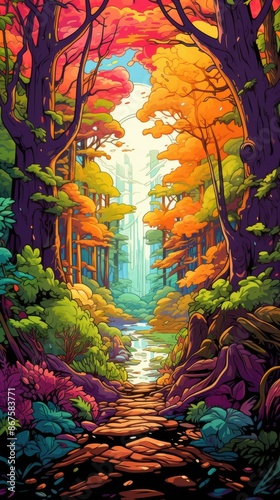 Vibrant Magical Forest Path. Digital art of a colorful pathway leading through an enchanted forest, perfect for fantasy, nature, and adventure themes photo