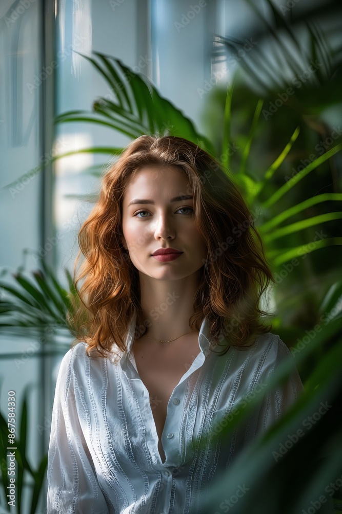 A woman with red hair standing in front of a plant.