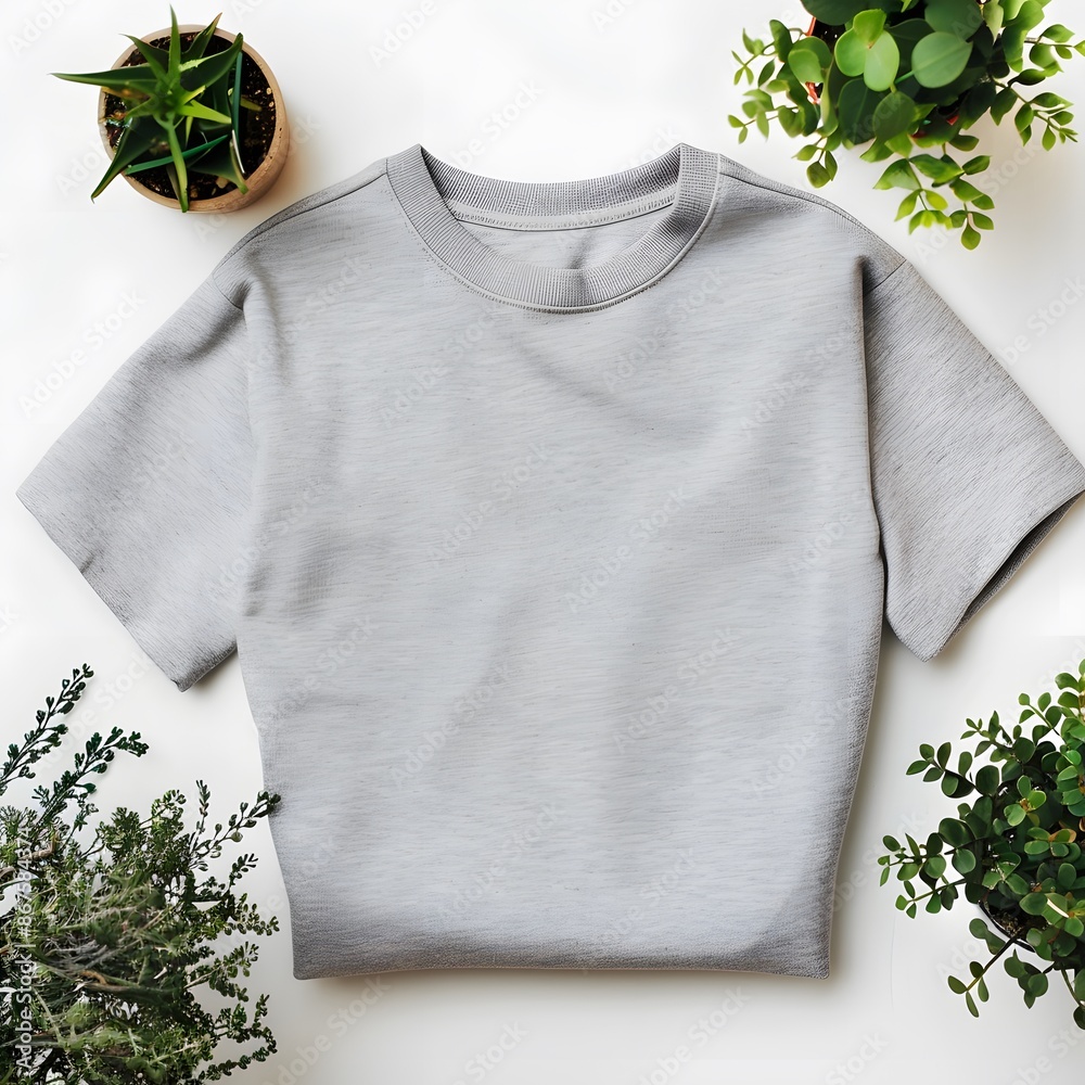 Minimalist gray T-shirt styled among green plants, offering a blend of simplicity and natural elements. Minimalist gray T-shirt styled among green plants, offering a blend of simplicity and natural elements.