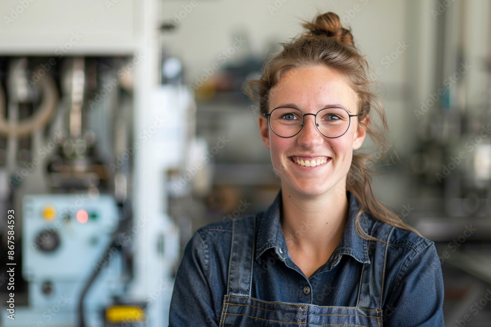 Fototapeta premium Portrait of a young female factory worker smiling at the camera.