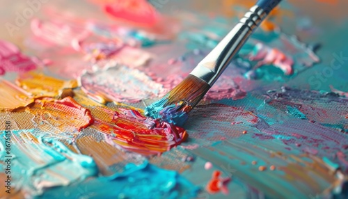 Closeup of a Paintbrush on a Palette with Vibrant Colors