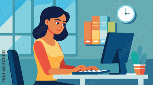 Young woman working from home office using desktop computer