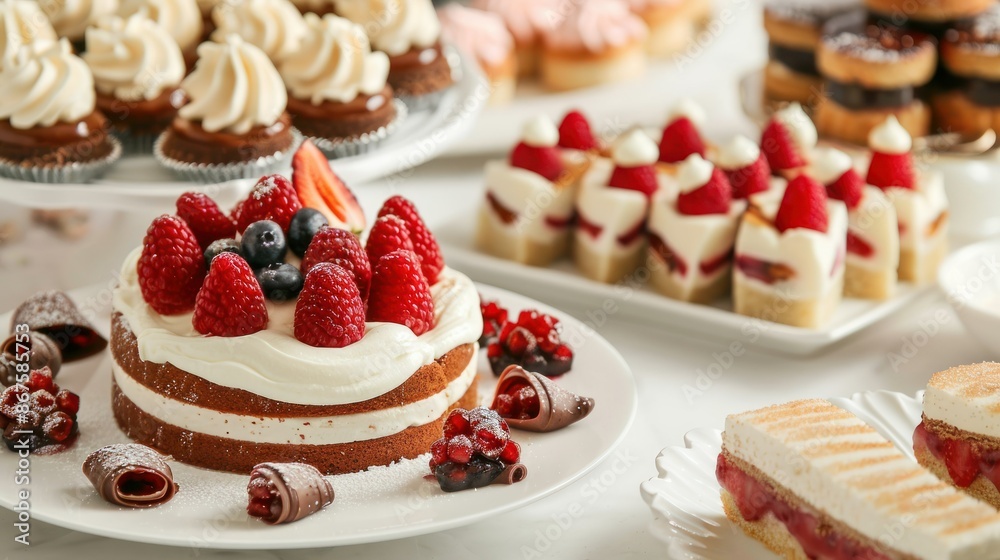 Delicious dessert display with various pastries Delicious dessert display with various pastries