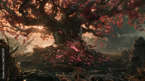 Fototapeta Naklejka Na Ścianę i Meble -  An enchanting image featuring an ancient, gnarled tree with glowing pink accents, rooted in a mystical forest setting, evoking a sense of magic and wonder.