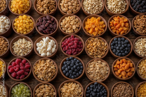 Fruity Feast: A Top View of Cereal & Berry Bowls on Wood