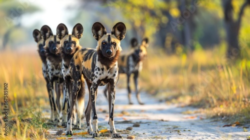 A pack of African wild dogs, also known as painted wolves or Lycaon pictus, standing attentively on a dirt path surrounded by nature in daylight.