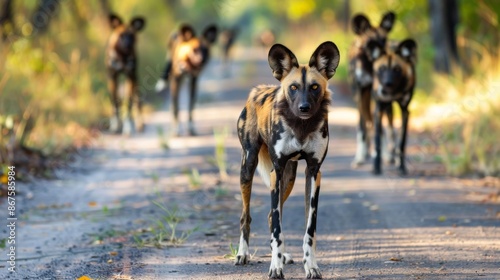 A single African wild dog, also known as painted wolf, standing on a dirt path with its pack in the distance, surrounded by nature in a forest setting.