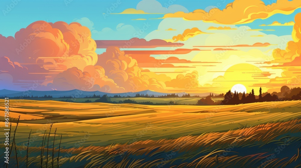Fototapeta premium Golden Hour. Serene Sunset over Rural Farmland Landscape Painting