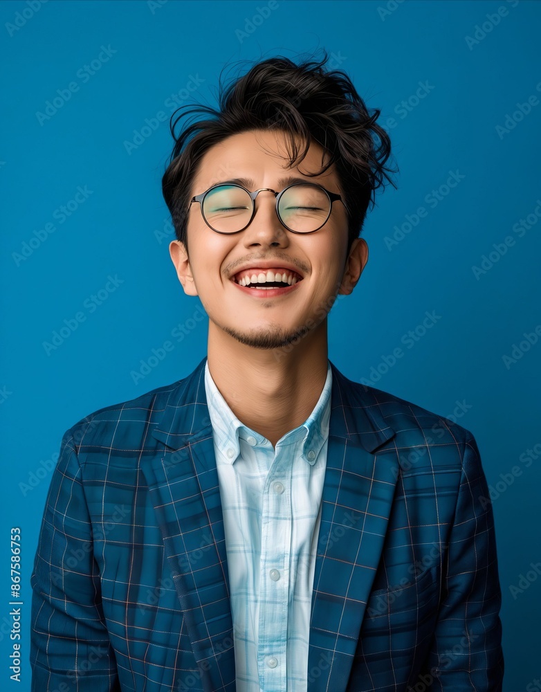 Asian man in glasses smiling against blue background. Asian man in glasses smiling against blue background.