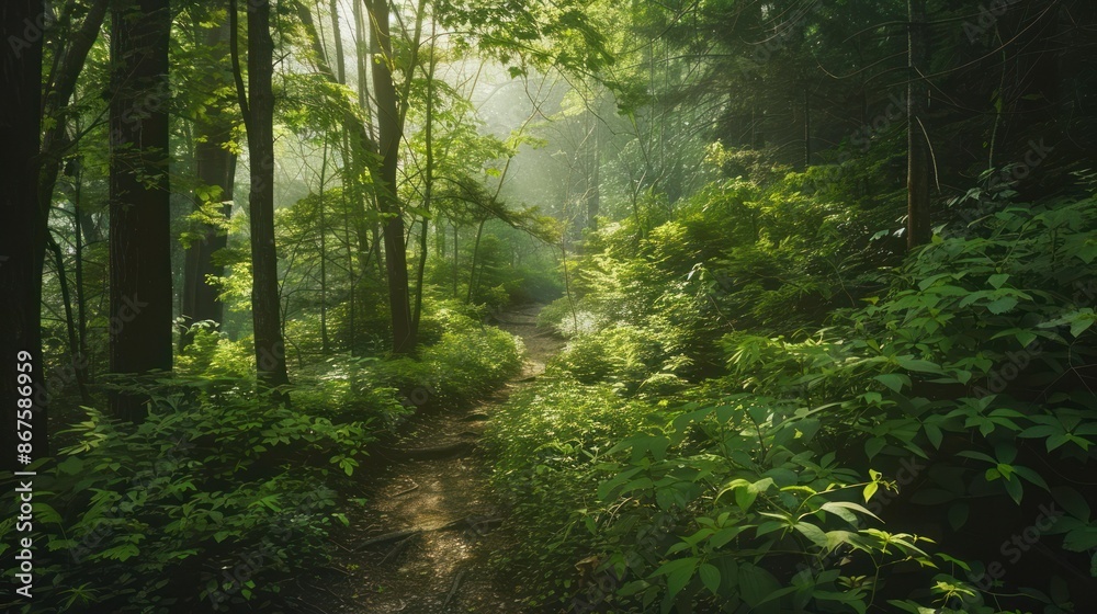 Inspirational nature hike through a lush forest Inspirational nature hike through a lush forest
