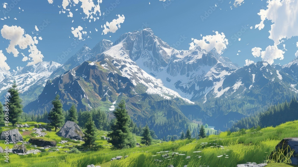 Majestic mountain range with snowy peaks Majestic mountain range with snowy peaks
