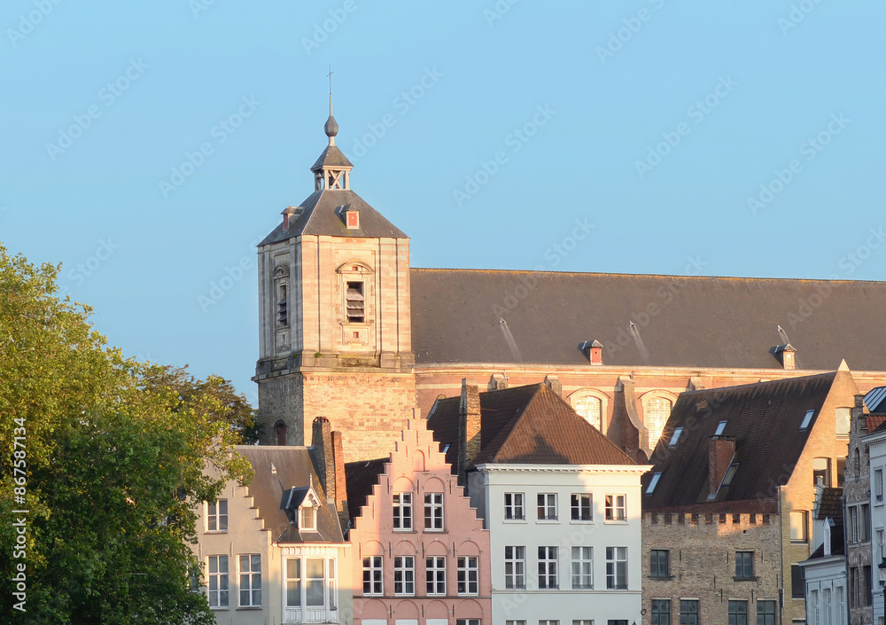 Naklejka premium Side gable of the Saint Walburga church with some typical Flemish houses on a summer day with blue sky in Bruges, Flanders, Belgium