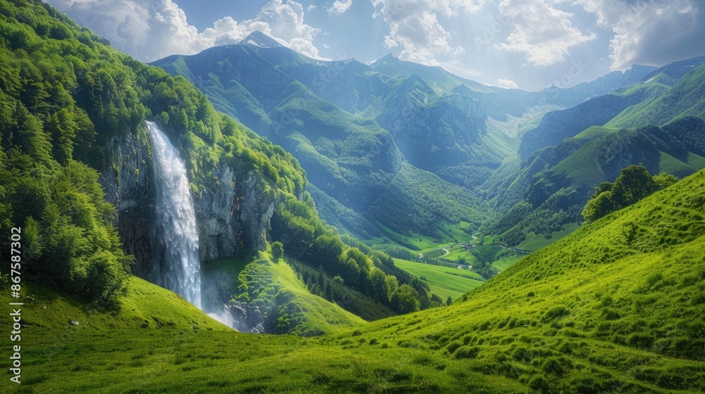 Naklejka premium Serene valley with rolling green hills, mountains, and a breathtaking waterfall.