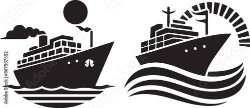 Set of ship vector icon black and white background of illustration