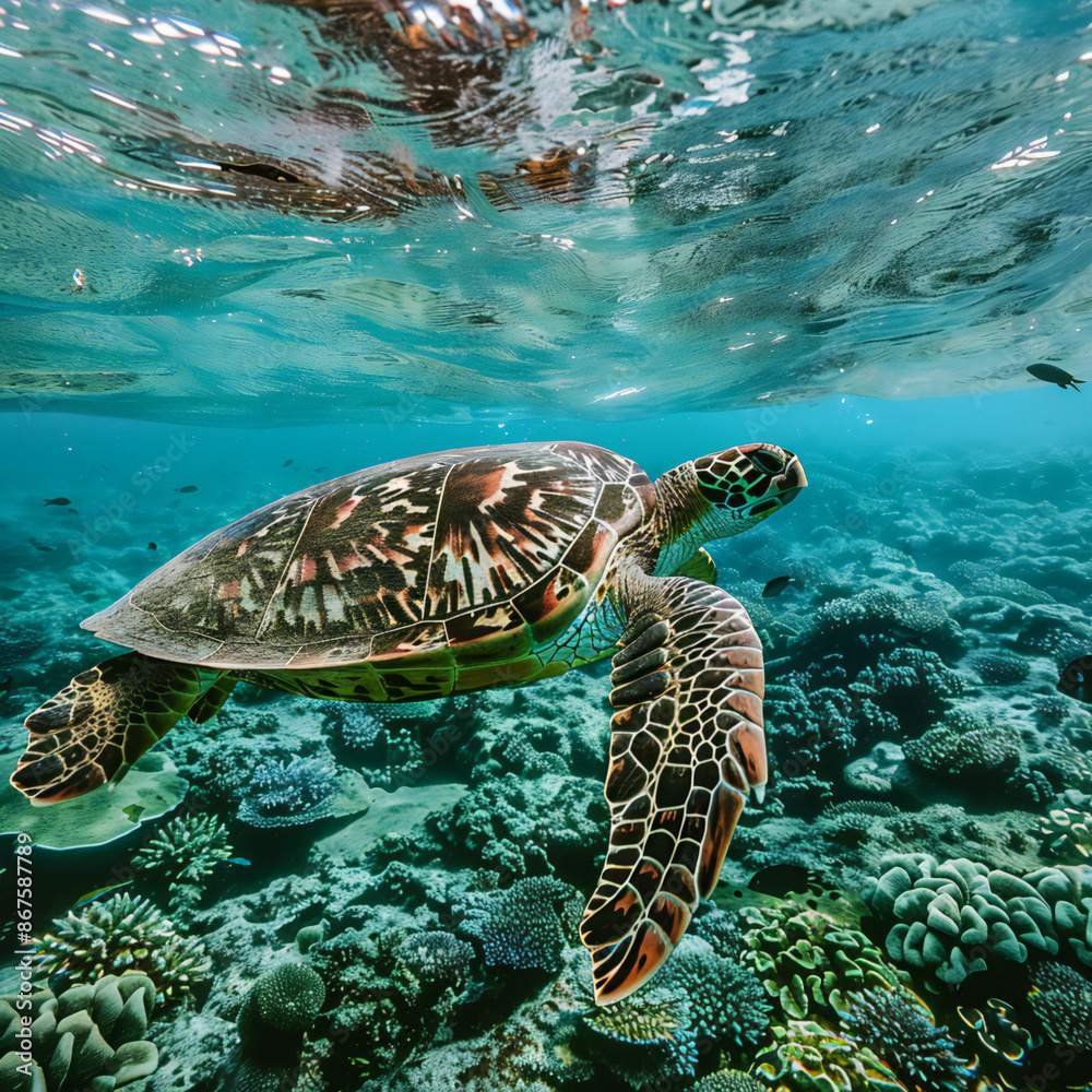 Obraz premium Tranquil Depths Majestic Ancient Sea Turtle Wallpaper